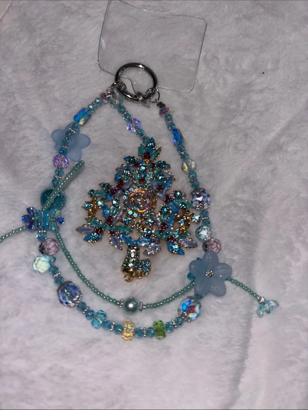 Blue Beaded Crystal Phone Charm Key Ring - Decorative Bag & Phone Accessory
